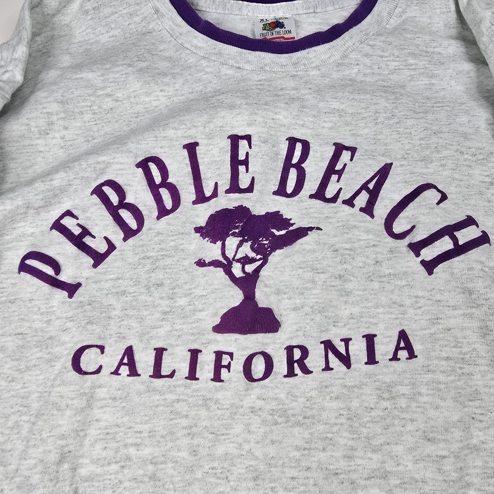 Fruit of the Loom ringer t-shirt featuring a purple "Pebble Beach California" XL